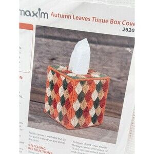Mary Maxim Autumn Leaves Tissue Box Cover Kit 26206‎ Retro  Needlepoint VTG